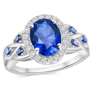 Radiant Oval Cut Gemstone Halo Ring - Dark Blue